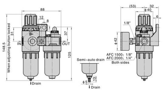 Dimensions AirTAC FR.L ชุดกรองลมดักน้ำ รุ่น AFC, BFC Series