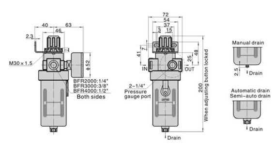 Dimensions AirTAC FR ตัวกรองลมดักน้ำ และตัวปรับแรงดันลม รุ่น AFR, BFR Series