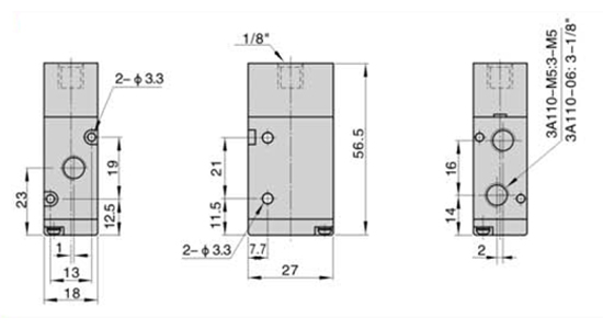 Dimensions AirTAC วาล์วควบคุมทิศทางการไหลด้วยแรงลม ชนิด 3/2 ทาง รุ่น 3A series