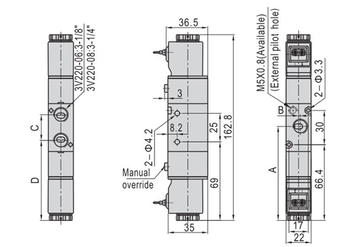 Dimensions AirTAC Solenoid Valve 3V Series