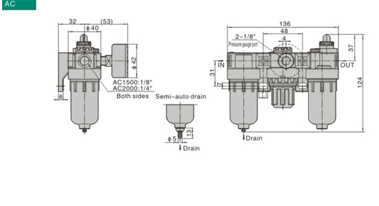 Dimensions AirTAC FRL ชุดกรองลมดักน้ำ รุ่น AC, BC Series