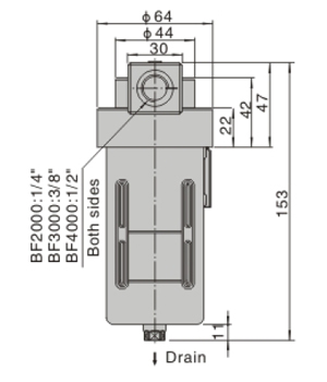 Dimensions AirTAC F ตัวกรองลมดักน้ำ รุ่น AF, BF Series