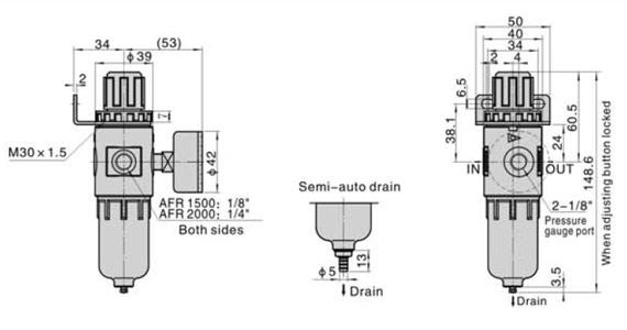 Dimensions AirTAC FR ตัวกรองลมดักน้ำ และตัวปรับแรงดันลม รุ่น AFR, BFR Series