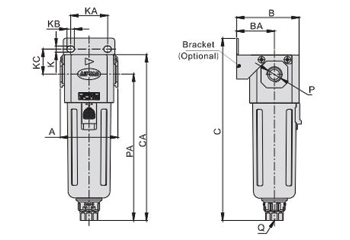 Dimensions AirTAC F ตัวกรองลมดักน้ำ รุ่น GAF Series