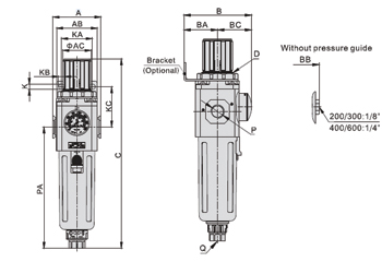 Dimension AirTAC FR ตัวกรองลมดักน้ำและตัวปรับแรงลม รุ่น GAFR Series