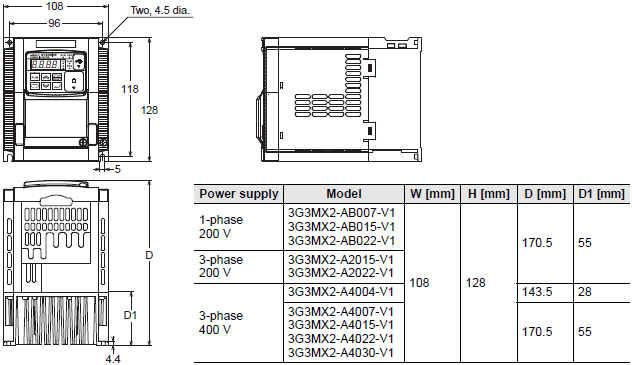 3G3MX2-V1 Dimensions 3 